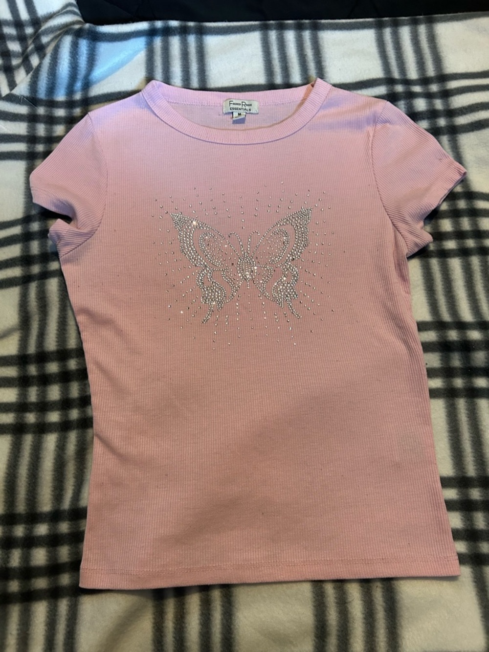 Forever Link Light Pink Short Sleeve Tee with Rhinestone Butterfly